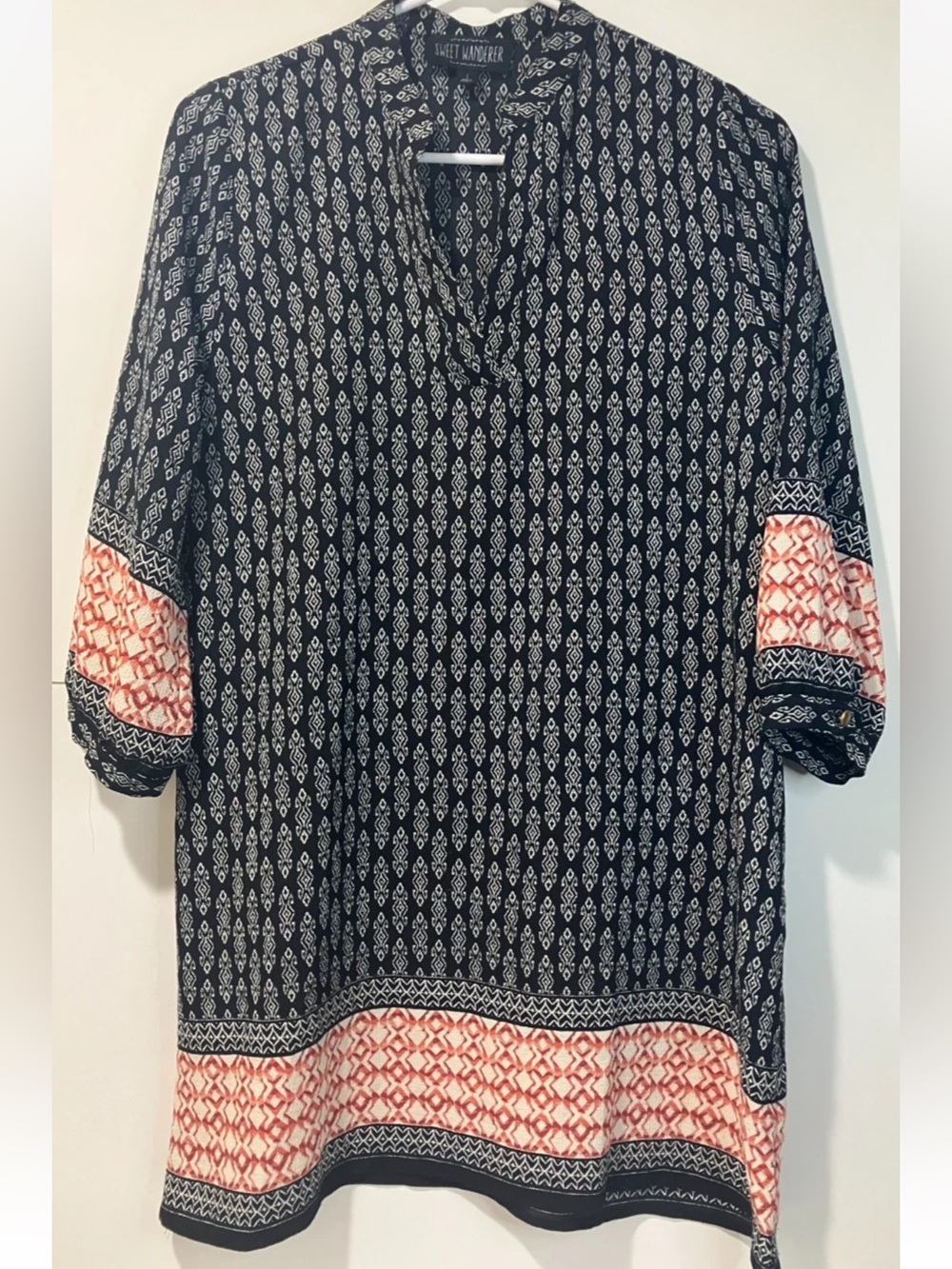 Sweet Wanderer Black & Red-Accent Printed Long Sleeve Tunic Dress!